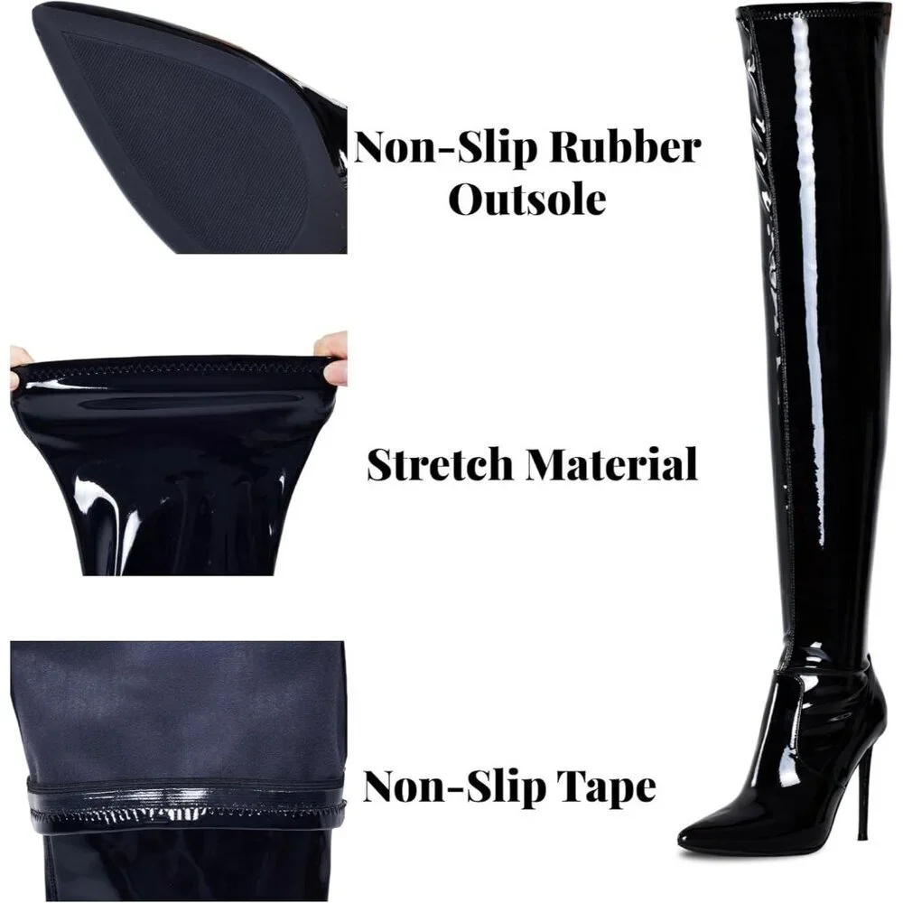 Women Black Patent Suede Pointed Toe 4.3 inch Stilettos Thigh High Heels Boots